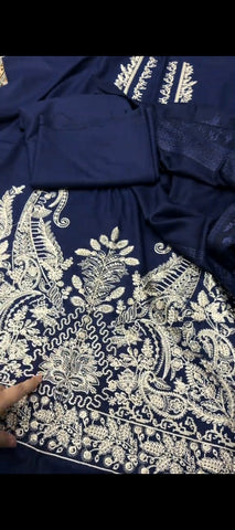✨ Royal Navy Blue Embroidered 3-Piece Khaddar Suit with Velvet Shawl