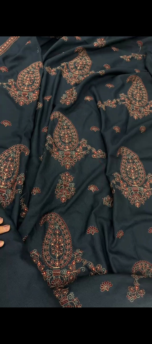 3pc Teal Green Winter Jora With Dhanak Wool Embroidered Shawl