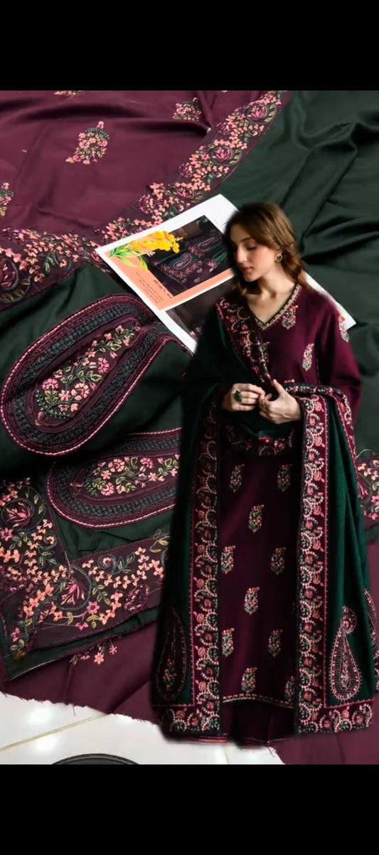 ✨ ROYAL MAROON & FOREST GREEN DHANAK SUIT – LUXURIOUS FLORAL EMBROIDERY WITH ELEGANT CHARM