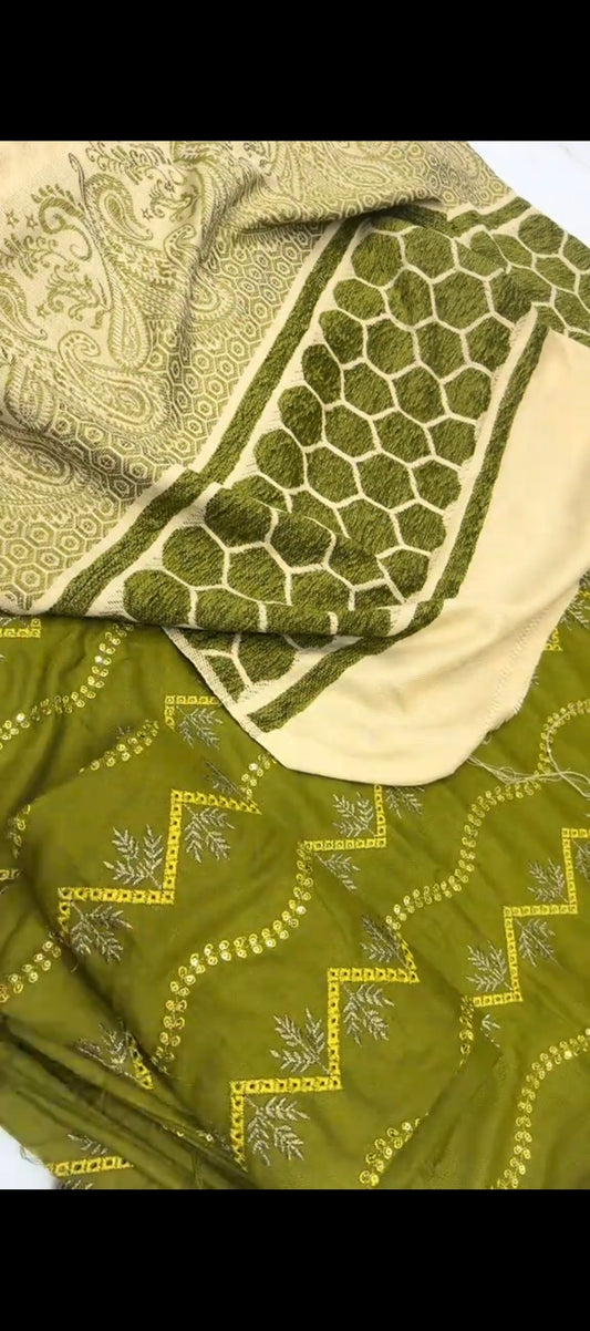 ✨ 3PC Olive Green Peach Wool Jora With Shawl