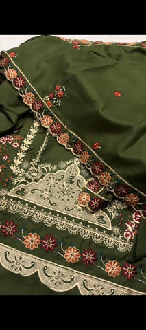 🌿 Royal Dhani Green Elegance – 3Pc Dhanak Wool Suit with Multicolour Embroidery 🌿