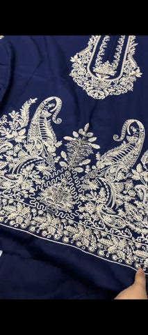 ✨ Royal Navy Blue Embroidered 3-Piece Khaddar Suit with Velvet Shawl