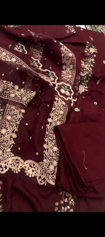 ✨ MAROON 2PC PEACH WOOL EMBROIDERED WINTER SUIT