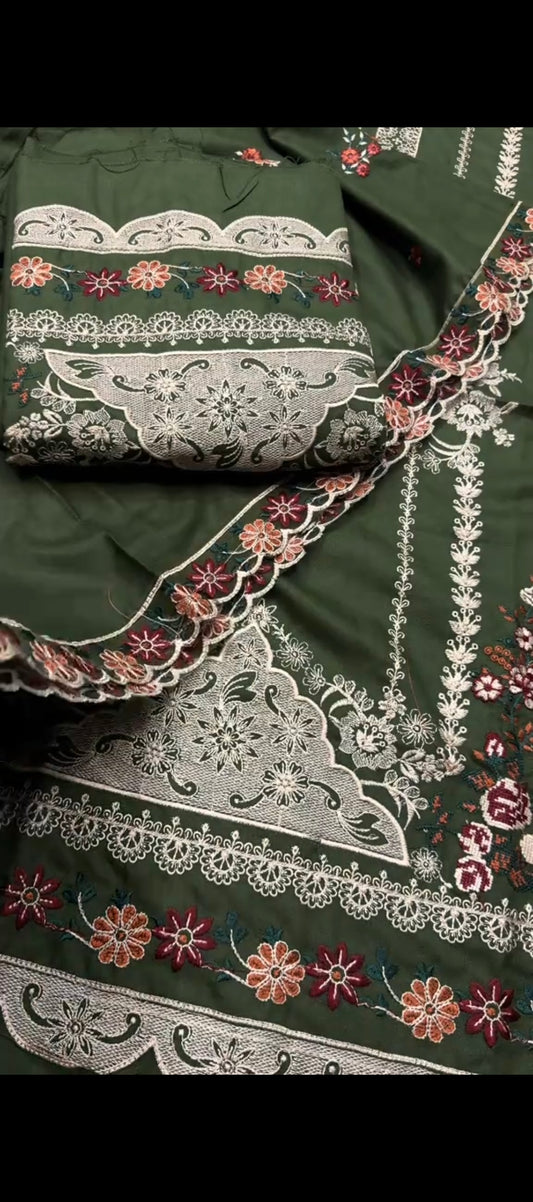 🌿 Royal Dhani Green Elegance – 3Pc Dhanak Wool Suit with Multicolour Embroidery 🌿