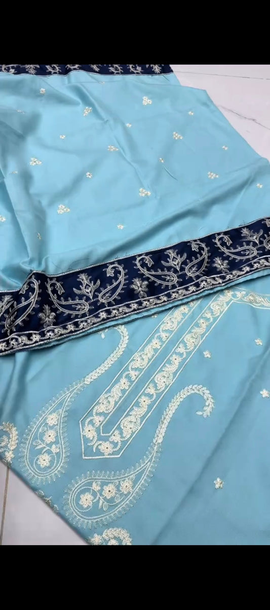 💎 Sky Blue Elegance – Premium Embroidered 3-Piece Winter Wool Suit with Royal Shawl 💎