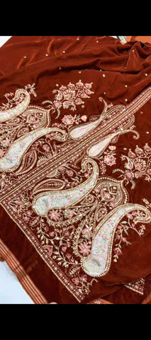 🤎 Rust Royale – Luxury Velvet Embroidered 2PC Suit
