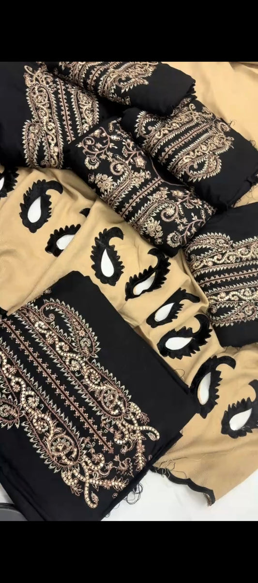 🖤✨ Black & Beige Embroidered Dhanak Wool 3PC Suit