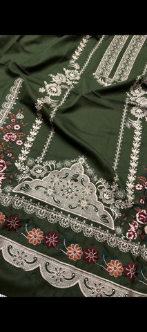 🌿 Royal Dhani Green Elegance – 3Pc Dhanak Wool Suit with Multicolour Embroidery 🌿