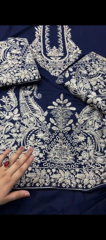 ✨ Royal Navy Blue Embroidered 3-Piece Khaddar Suit with Velvet Shawl