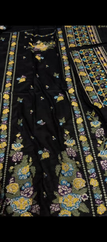 ✨ Elegant Black Dhanak Embroidered Suit – 3 Piece