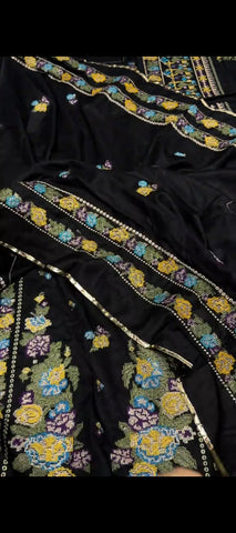 ✨ Elegant Black Dhanak Embroidered Suit – 3 Piece