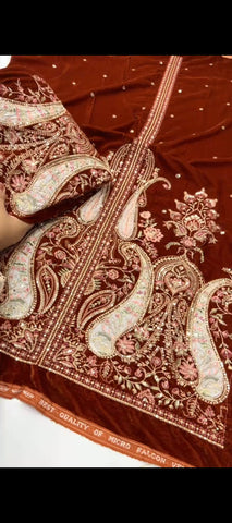 🤎 Rust Royale – Luxury Velvet Embroidered 2PC Suit