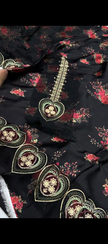 🌹 Midnight Rose – Luxury Floral Silk Suit with Reshamai Dupatta