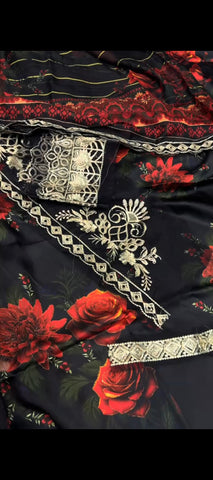 🌹 Midnight Rose – Luxury Printed Silk 3-Piece Suit