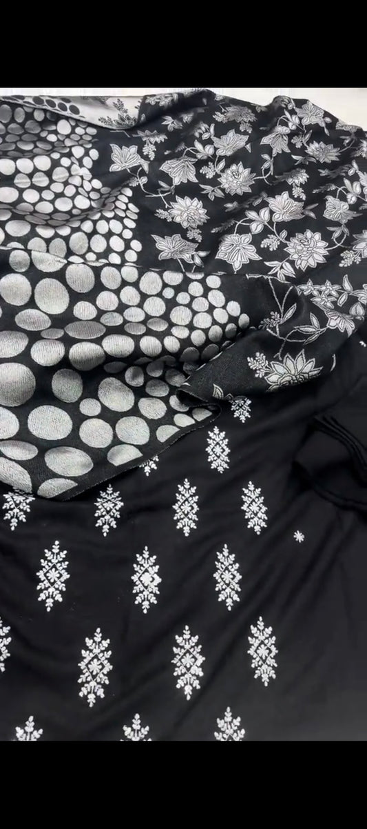 🖤 3PC Winter Embroidered Suit with polka dot shawl