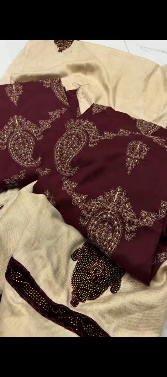 ✨ Royal Maroon Elegance – Embroidered 3-Piece Suit with Bedazzled Shawl