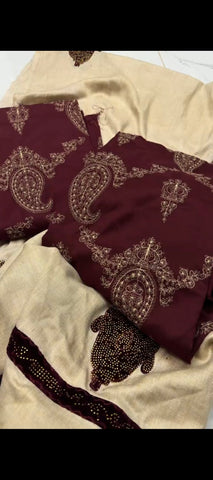 ✨ Royal Maroon Elegance – Embroidered 3-Piece Suit with Bedazzled Shawl