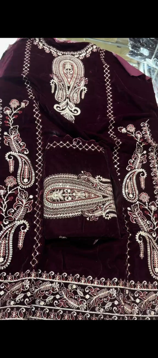 ✨ Maroon Velvet Embroidered Shirt with 9000 velvet