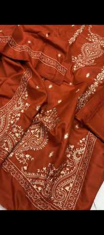 ✨ Rust Elegance – Embroidered Dhanak Suit