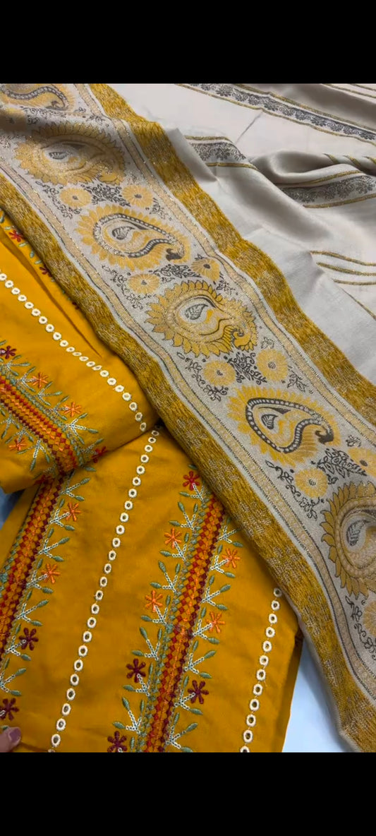 ✨ Mustard Embroidered 3-Piece Suit with Jacquard Shawl