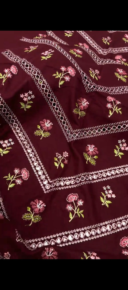 ✨ Royal Maroon – 3 Piece Winter Embroidered Suit with Shawl ❄️🤍