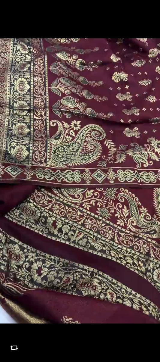 ✨ Maroon Chambrey Wool 3-Piece Suit  With Jacquard Shawl