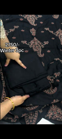 ✨ Elegant Winter Black Thread Embroidered Suit with Shawl– 3PC