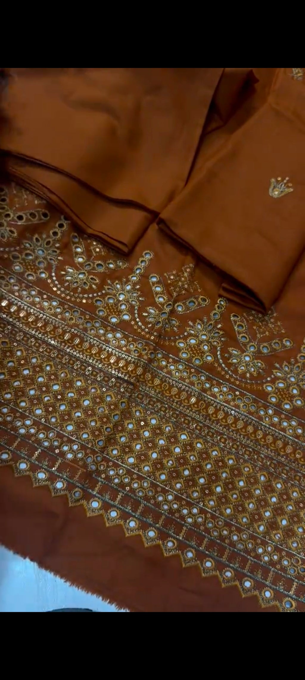 Johra 2-Piece Rust Danak Wool Dress – Heavy Embroidered Chicken Kari Shirt with Plain Trouser