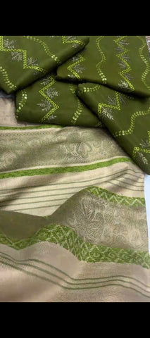 🌿 3PC Dhani Dhanak Embroidered Suit with Jacquard Shawl