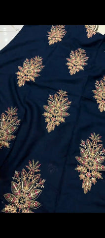 ✨ Royal Navy Blue Embroidered Dhanak Suit – Timeless Elegance