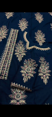 ✨ Royal Navy Blue Embroidered Dhanak Suit – Timeless Elegance