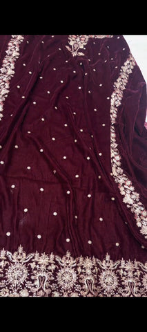 🍷 Royal Burgundy Velvet – Luxury Embroidered 3-Piece Suit ✨
