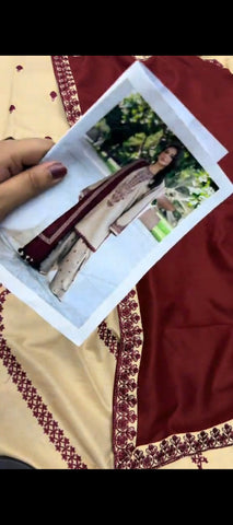 ❤️ Royal Winter Grace – 3 Piece Cream & Red Dhanak Wool Unstitched Suit |