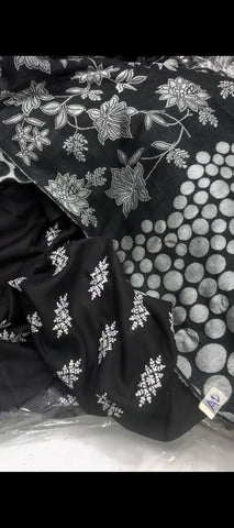 🖤 Elegant 3-Piece Black Embroidered Suit With Polka Dot Shawl