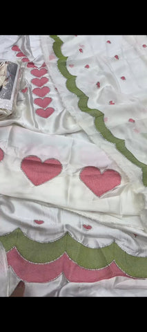 💗 Pink Heart Charm – Elegant 2PC White Silk Suit