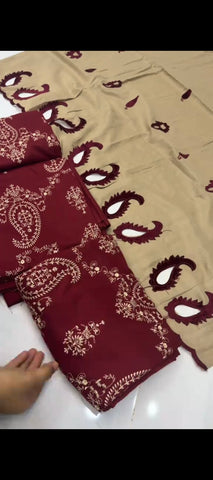 ✨ Burgundy – 3 Pc Embroidered Suit with shawl