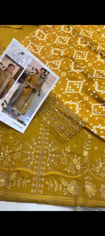 🌼 3PC MUSTARD DHANAK EMBROIDERED SUIT