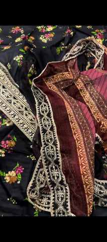 ✨🪿3 pc embroided lawn suit Black