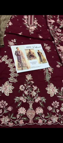 ✨ Royal Maroon Embroidered Dhanak 3-Piece Suit