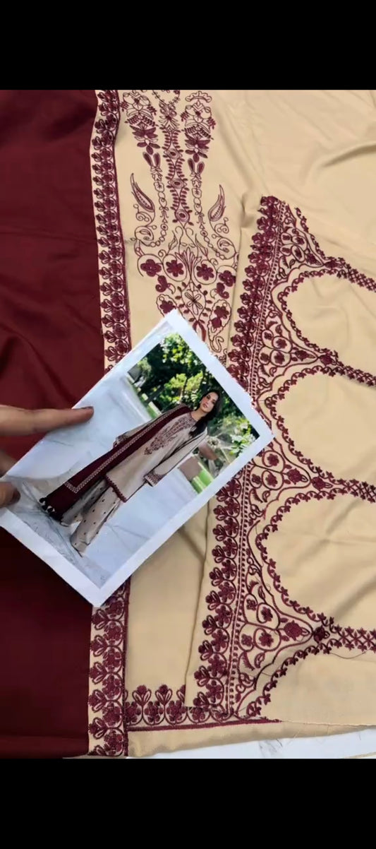 ❤️ Royal Winter Grace – 3 Piece Cream & Red Dhanak Wool Unstitched Suit |