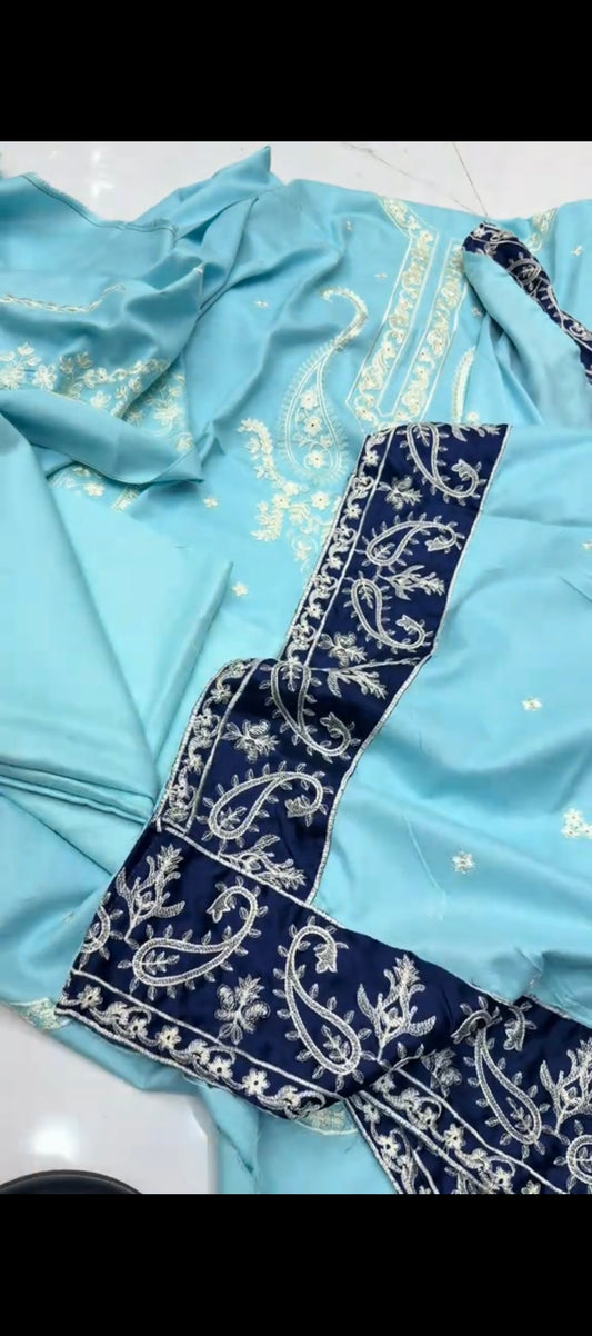 💎 Sky Blue Elegance – Premium Embroidered 3-Piece Winter Wool Suit with Royal Shawl 💎
