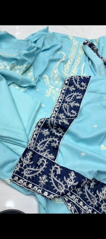 💎 Sky Blue Elegance – Premium Embroidered 3-Piece Winter Wool Suit with Royal Shawl 💎