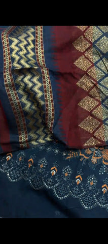 🖤 Premium Dark Blue Khaddar 3-Piece Suit with 4D Jacquard Shawl
