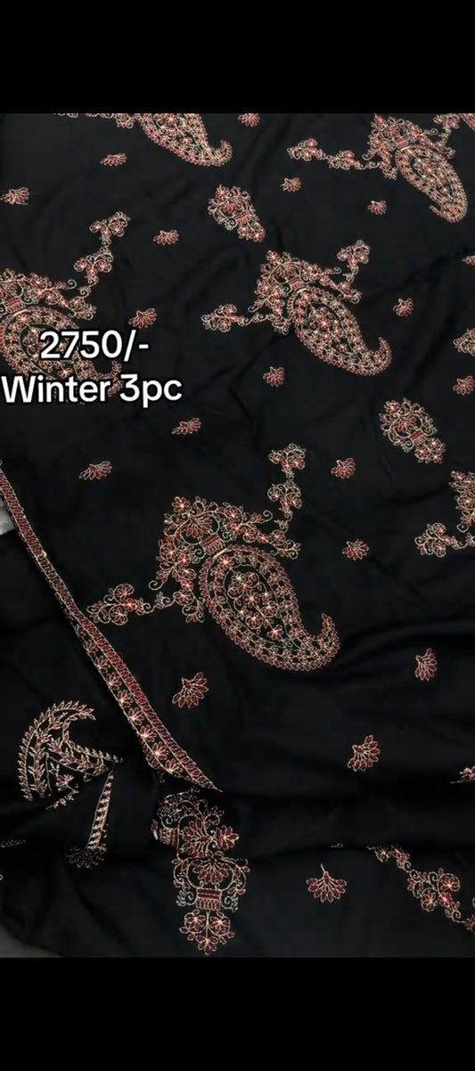 ✨ Elegant Winter Black Thread Embroidered Suit with Shawl– 3PC