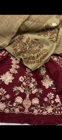 ✨ Royal Maroon Embroidered Dhanak 3-Piece Suit