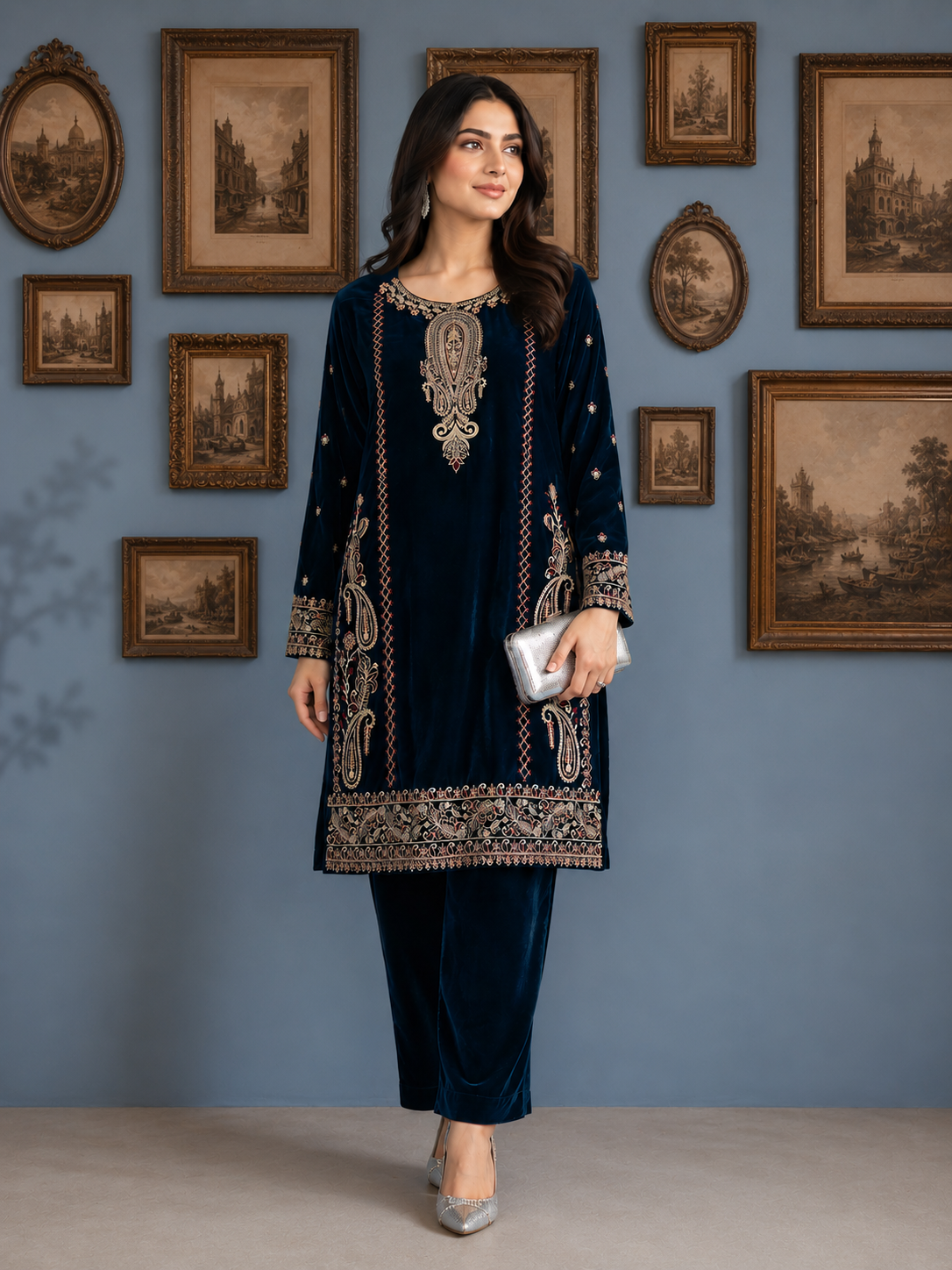 ✨ Velvet Elegance – 1 Piece Embroidered velvet Shirt ✨