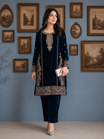 ✨ Velvet Elegance – 1 Piece Embroidered velvet Shirt ✨