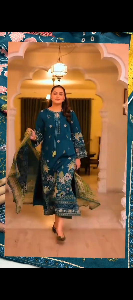 ✨ Elegant Teal Blue Dhanak 3-Piece Unstitched Suit