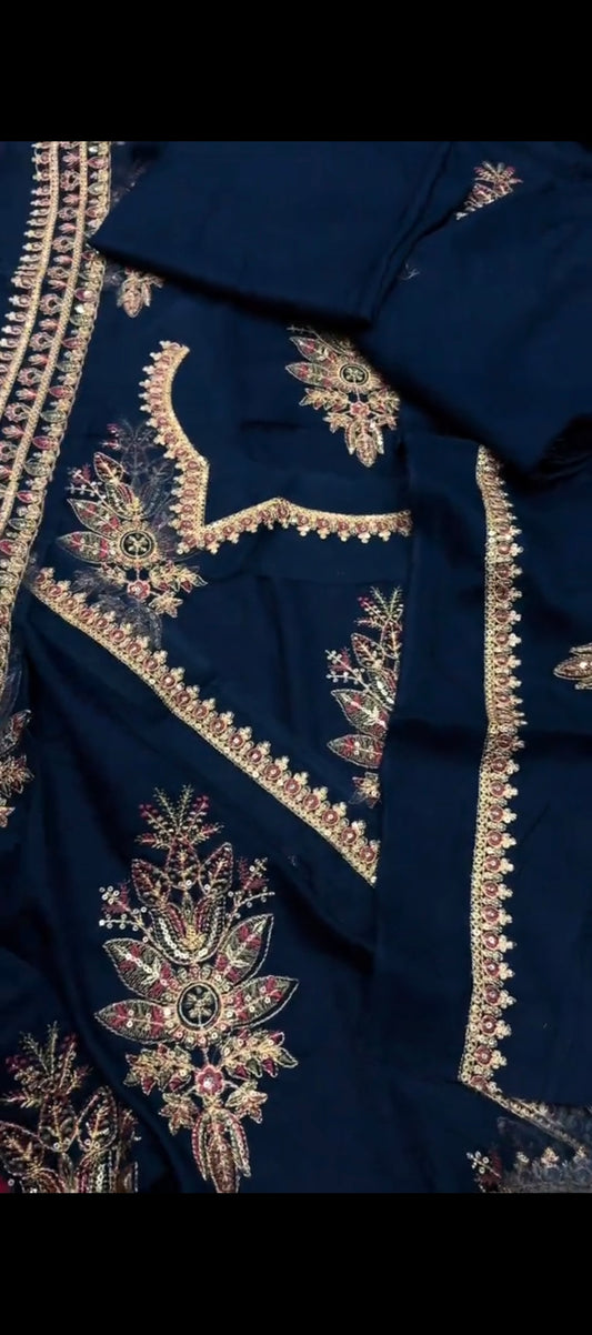 ✨ Royal Navy Blue Embroidered Dhanak Suit – Timeless Elegance