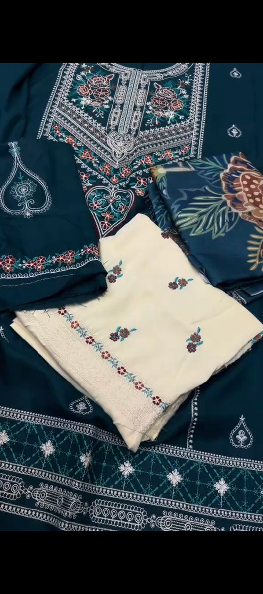 ✨ MIDNIGHT TEAL EMBROIDERED DHANAK SUIT